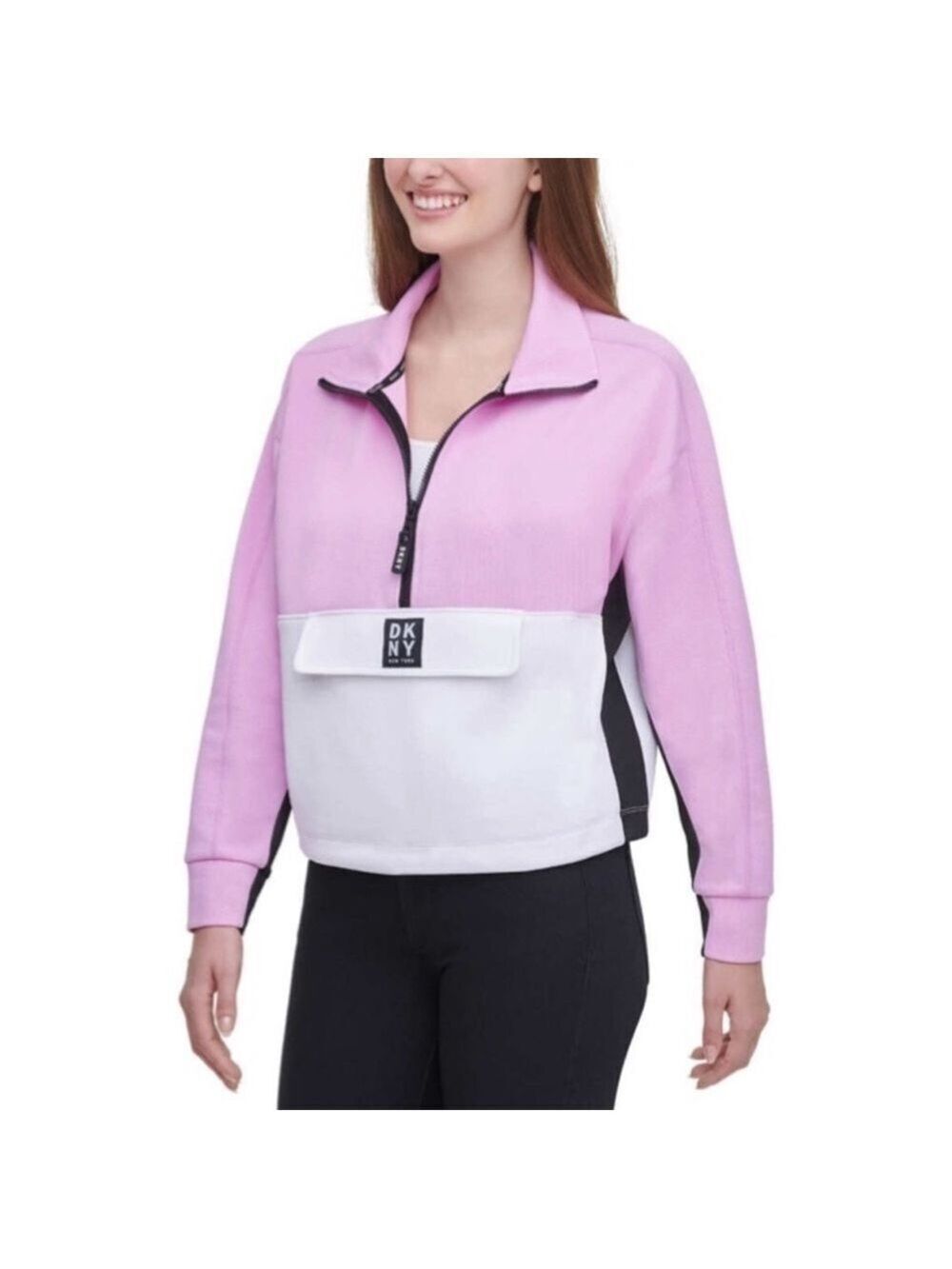 NEW-DKNY Lavender & White Color Block Half-Zip Tech Front Pocket Crop Pullover